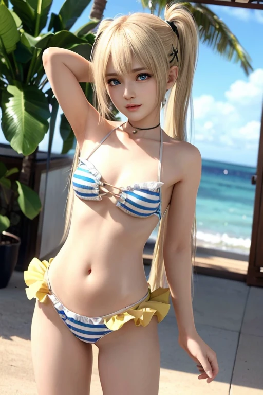 (Marie Rose with a very young face), ,(((the face of a very young child:1.35))), ツインテールの髪と髪に花をつけたanimeの女の子, ((とても小さすぎるBaby Blue and White Striped with Your Choice Trim Color Micro Coverage Top Y Back Thong Bottom Bikini)), Amazing sandy beaches、photorealistic anime girl render, photorealistic anime, hyper realistic anime, (Pussy Line)、((Underbust:1.3)),(Golden pubic hair),anime. Soft lighting, Soft Portrait Shot 8k, realistic anime art style, 3 d anime realistic, 8K Art Clock Bokeh, anime realism style, Cute realistic portrait, beautiful anime portrait、Very thin body、Very short、SFW