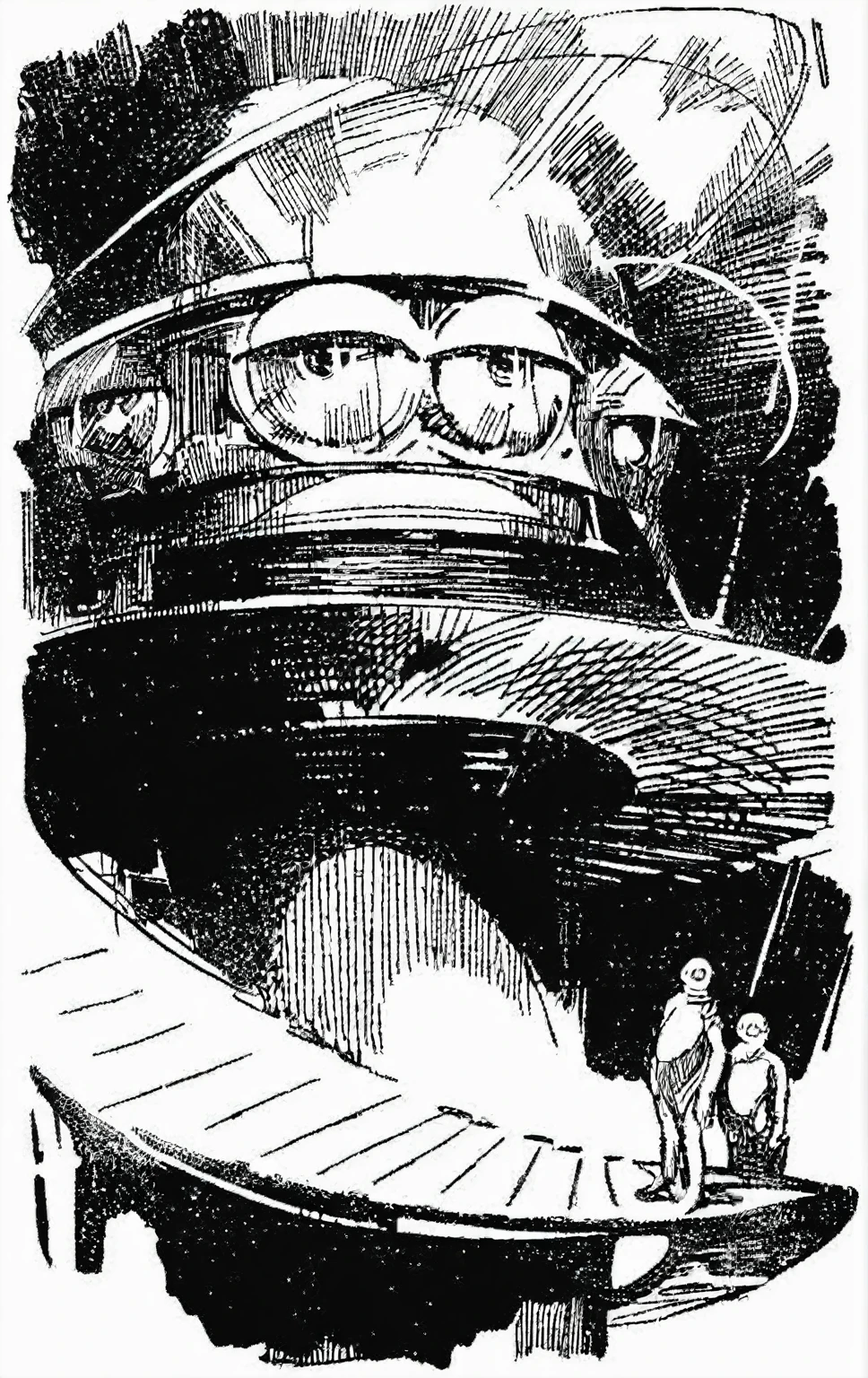 black and white drawing of a boat with a man on it, Sci-fi pulp illustration, inspired by Wojciech Siudmak, inspired by Windsor McKay, Pen and ink illustration, Pen and ink illustration, inspired by Virgil Finlay, Full-page illustration, depicted as a science fiction scene, Full-page illustration, black and white illustration
