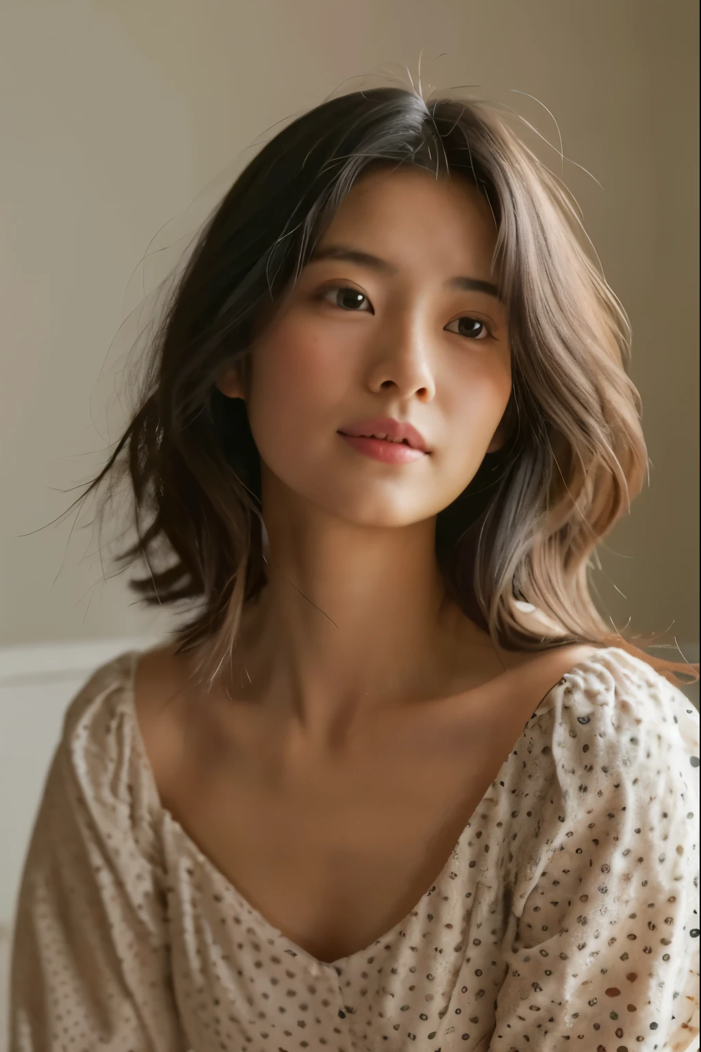 Japanese women、young、White polka dot dress、Black Hair
