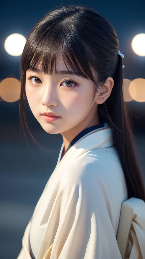 One girl, Beautiful Face, ((White eyes)), Kimono pose, Front facing,Crescent moon in the background, performer, space, (Lightroom:1.13), Soft Light, (Natural skin texture:1.2), (Hyperrealism:1.2), Sharp focus, Concentration,[[Realistic]]