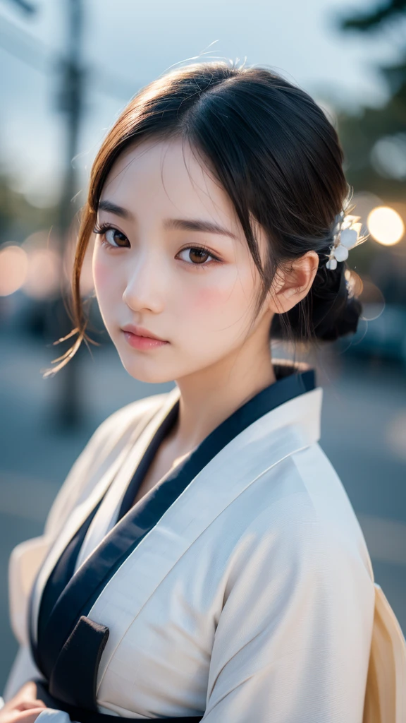 One girl, Beautiful Face, ((White eyes)), Kimono pose, Front facing,Crescent moon in the background, performer, space, (Lightroom:1.13), Soft Light, (Natural skin texture:1.2), (Hyperrealism:1.2), Sharp focus, Concentration,[[Realistic]]