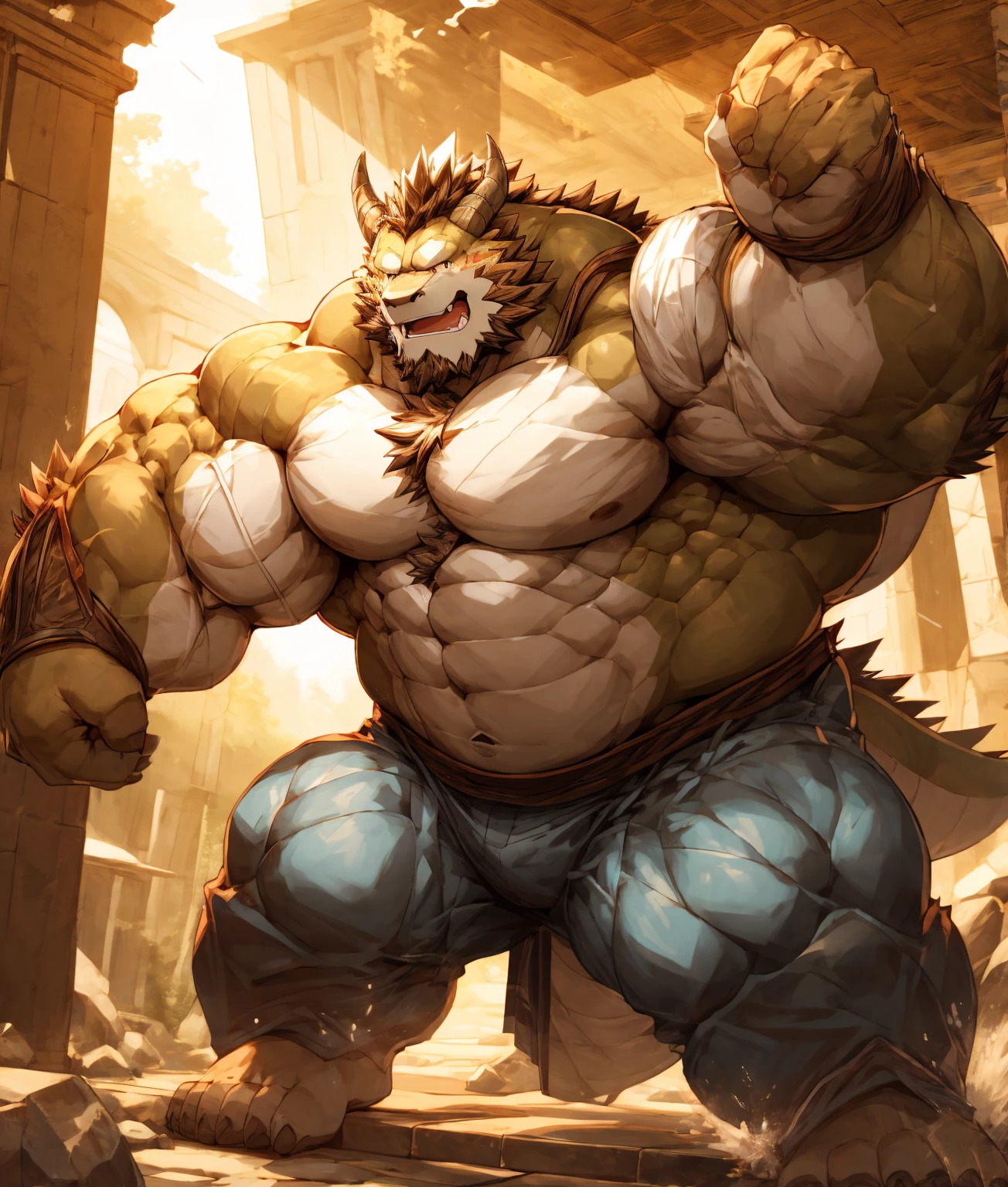 A white dragon orc,Strong build,Muscular,Like a born strong man。His skin looks healthy and fair.,Muscle and fat intertwined,Create unique skin texture,Complete and powerful。
His arms are as strong as iron pillars,chiseled muscles,Seems to contain infinite power。Broad palms,Sharp fingers and claws,Showing his wildness and strength。
His chest is very broad.,Muscle bulge,As if it could withstand any impact。Good abdominal muscle lines,The waist is full of strength,Like an indestructible mountain。
His legs are Muscular,Seems to be able to overcome any obstacle。Calf muscle lines are smooth,Full of power,Appears strong and agile dragon'The tail on the back is thick and powerful,The scales at the tip of the tail gleam with a cold light,Showing his majesty and mystery。
The whole picture is dominated by cold colors.,Emphasize the power and majesty of the White Dragon Orcs。In the treatment of light and shadow,Let the soft sunshine shine on him,Make his muscles more three-dimensional and vivid。at the same time,Pay attention to his facial expressions and eyes,He showed his perseverance and courage,Like an invincible strong man。