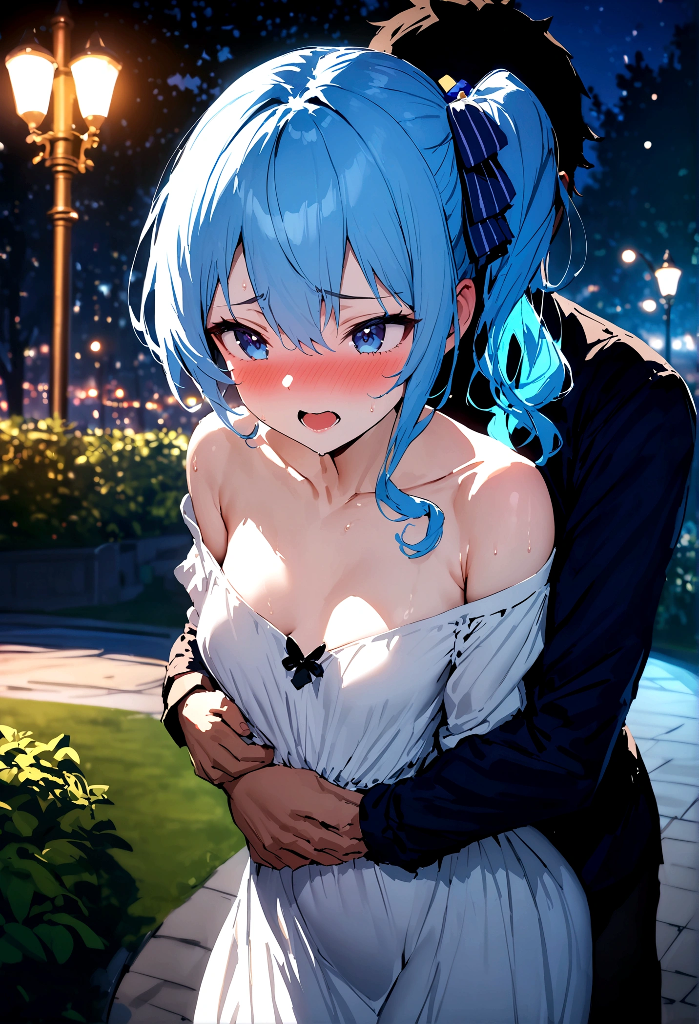 NSFW,masterpiece,Highest quality,High resolution,Super detailed,Star Town Suisei\(Hololive\),Blue Hair,One Side Ponytail,Blue Eyes,Long dress,Off the shoulder,Small breasts,Embarrassed,Estrus,Lust,blush,(Scary face man),A man puts his hands on her waist and hugs her,(Having sex),Insert,Creampie,Night Park,Unpopular place