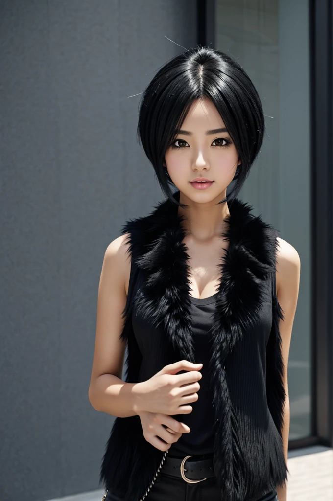Anime female character black hair a black shirt with furry black vest