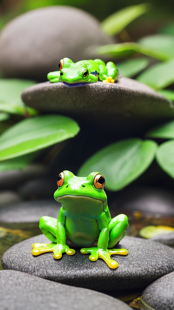 frog、Round and cute、Unusual colors、photograph、Real、3d、sitting on a mossy round stone,Imaginary Frog、Rainbow color body、Round body、Gummy round body shape、There is only one、American Frog Frog
