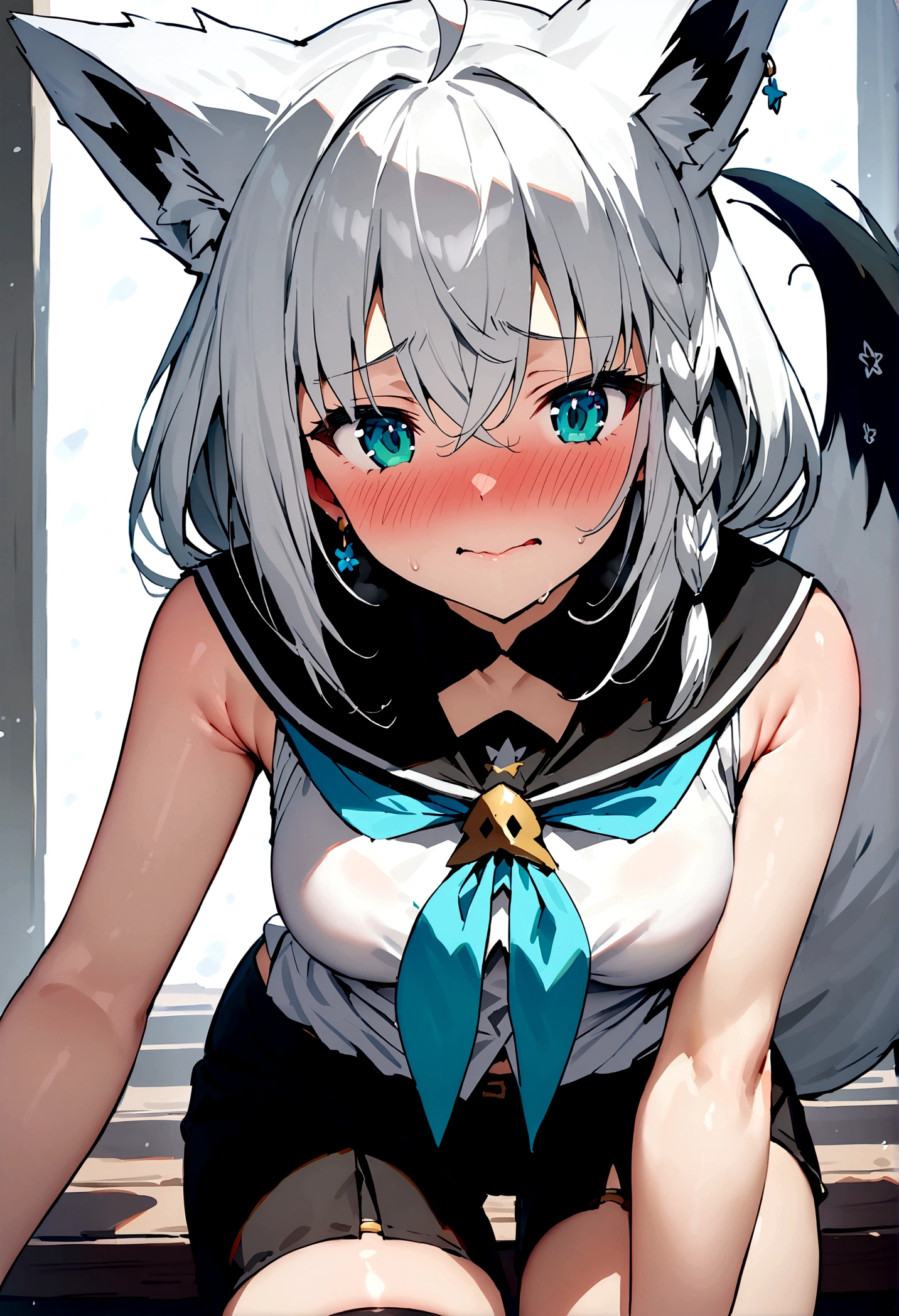 NSFW,masterpiece,Highest quality,High resolution,Super detailed,Snowstorm、Gray Hair、One-sided braid、Ahoge、Earrings、Fox Tail、fubuki_base、White blouse、Sleeveless、Black shorts、Blue neckerchief、Thigh straps、Single knee socks、White Hair、One side braided、Ahoge、Earrings、Fox&#39;s Tail,Embarrassed,Estrus,Lust,blush