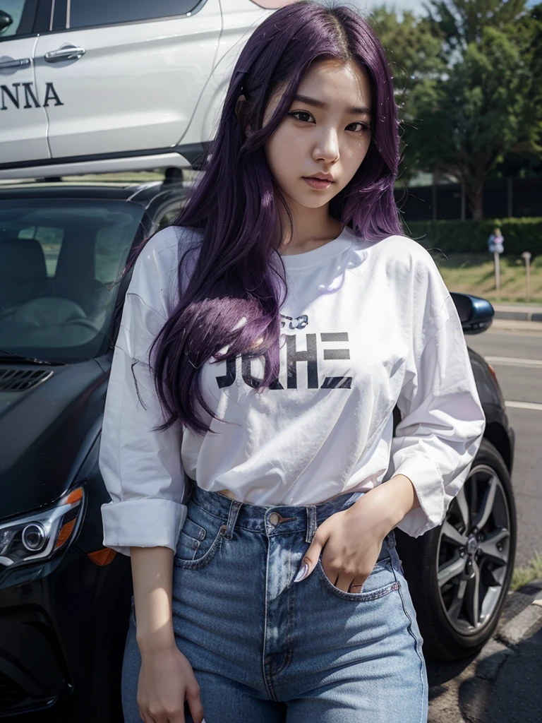 a 23 year old Korean woman with long, purple hair wearing a white shirt with the words "The Queen's Of Bangtan" on her chest, wearing jeans 
With a Hyundai car in the background behind him     