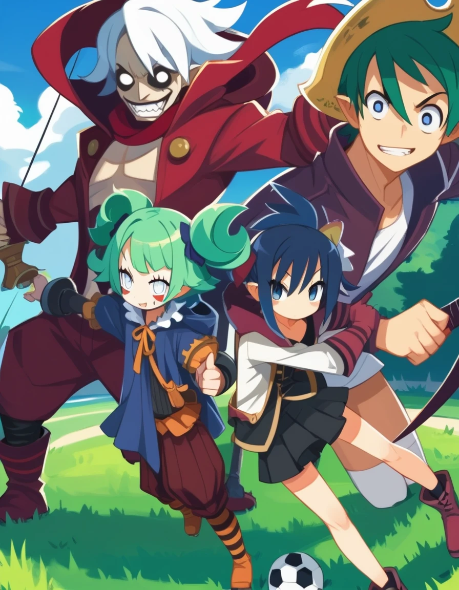 Group photo. (girl dressed in red, shorts and boots, bow and arrow, hood and a mask). (space pirate girl with green hair with black skirt and stockings). (athletic boy with green hair and soccer costume). (demon boy with white hair, white eyes and pirate outfit). (girl with white hair, oversized t-shirt, white legs, boots and clown makeup). (boy with long blue hair and warrior clothing).