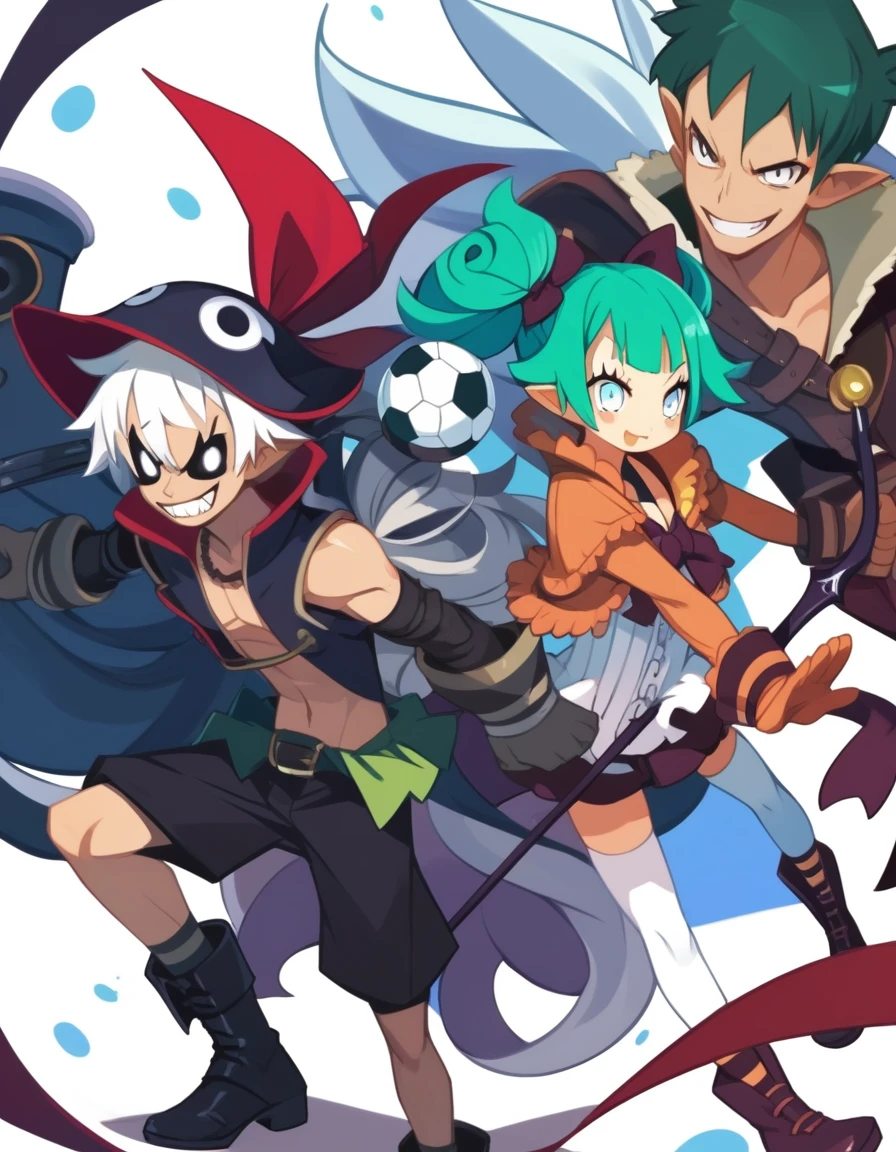 Group photo. (girl dressed in red, shorts and boots, bow and arrow, hood and a mask). (space pirate girl with green hair with black skirt and stockings). (athletic boy with green hair and soccer costume). (demon boy with white hair, white eyes and pirate outfit). (girl with white hair, oversized t-shirt, white legs, boots and clown makeup). (boy with long blue hair and warrior clothing).