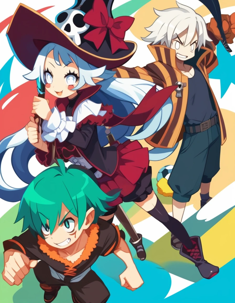 Group photo. (girl dressed in red, shorts and boots, bow and arrow, hood and a mask). (space pirate girl with green hair with black skirt and stockings). (athletic boy with green hair and soccer costume). (demon boy with white hair, white eyes and pirate outfit). (girl with white hair, oversized t-shirt, white legs, boots and clown makeup). (boy with long blue hair and warrior clothing).