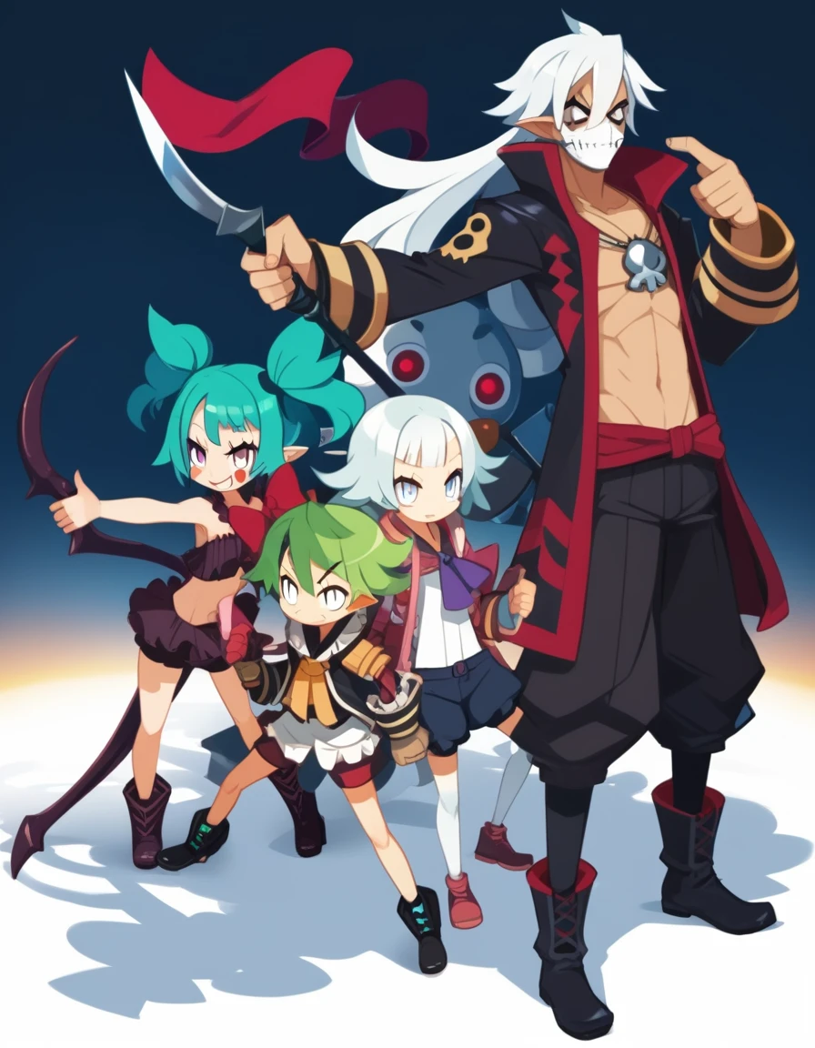 Group photo. (girl dressed in red, shorts and boots, bow and arrow, hood and a mask). (space pirate girl with green hair with black skirt and stockings). (athletic boy with green hair and soccer costume). (demon boy with white hair, white eyes and pirate outfit). (girl with white hair, oversized t-shirt, white legs, boots and clown makeup). (boy with long blue hair and warrior clothing).