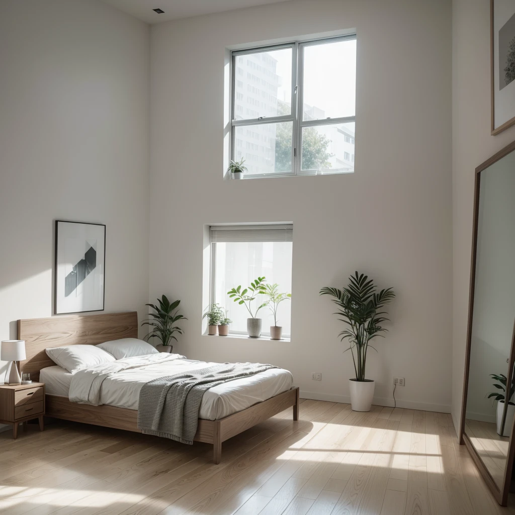 a contemporary minimalist bedroom, modern interior design, no bed, furniture arrangement without bed, empty space where the bed would be, hardwood floor, large windows, natural lighting, clean and simplistic, abstract wall art, potted plants, minimalist decor, zen-like atmosphere, high-quality 3D rendering, photorealistic, cinematic lighting, muted color palette, calming and serene