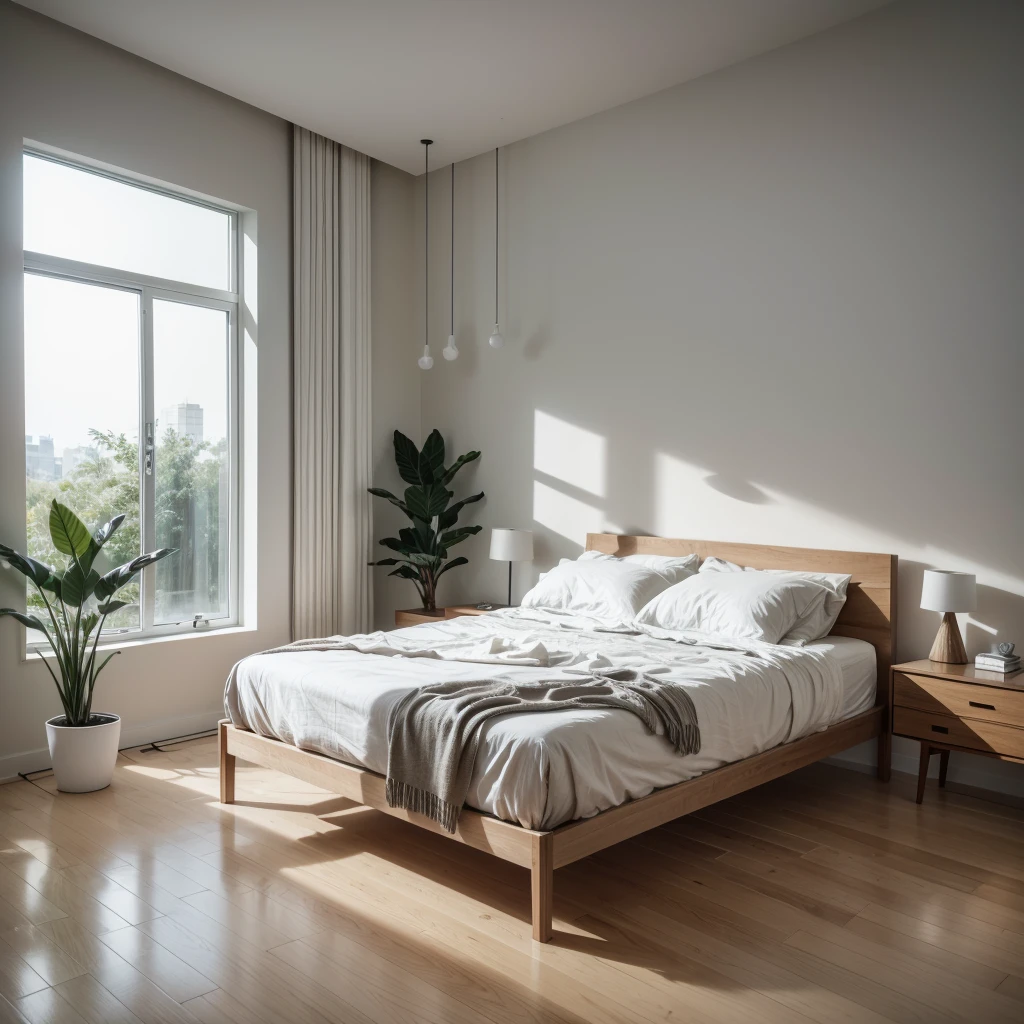 a contemporary minimalist bedroom, modern interior design, no bed, furniture arrangement without bed, empty space where the bed would be, hardwood floor, large windows, natural lighting, clean and simplistic, abstract wall art, potted plants, minimalist decor, zen-like atmosphere, high-quality 3D rendering, photorealistic, cinematic lighting, muted color palette, calming and serene