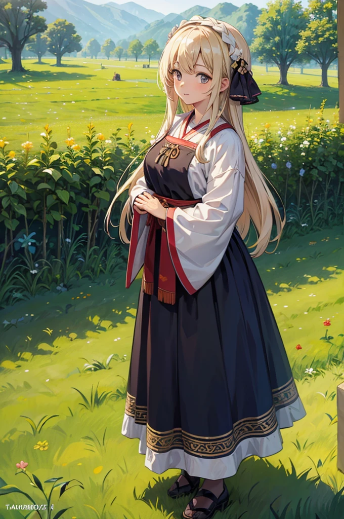 An image of villagers, in traditional clothing, standing and planting more trees, inspired by the lesson of unity and mutual benefit, creating a lush orchard. (masterpiece, hd, best quality, 2d)