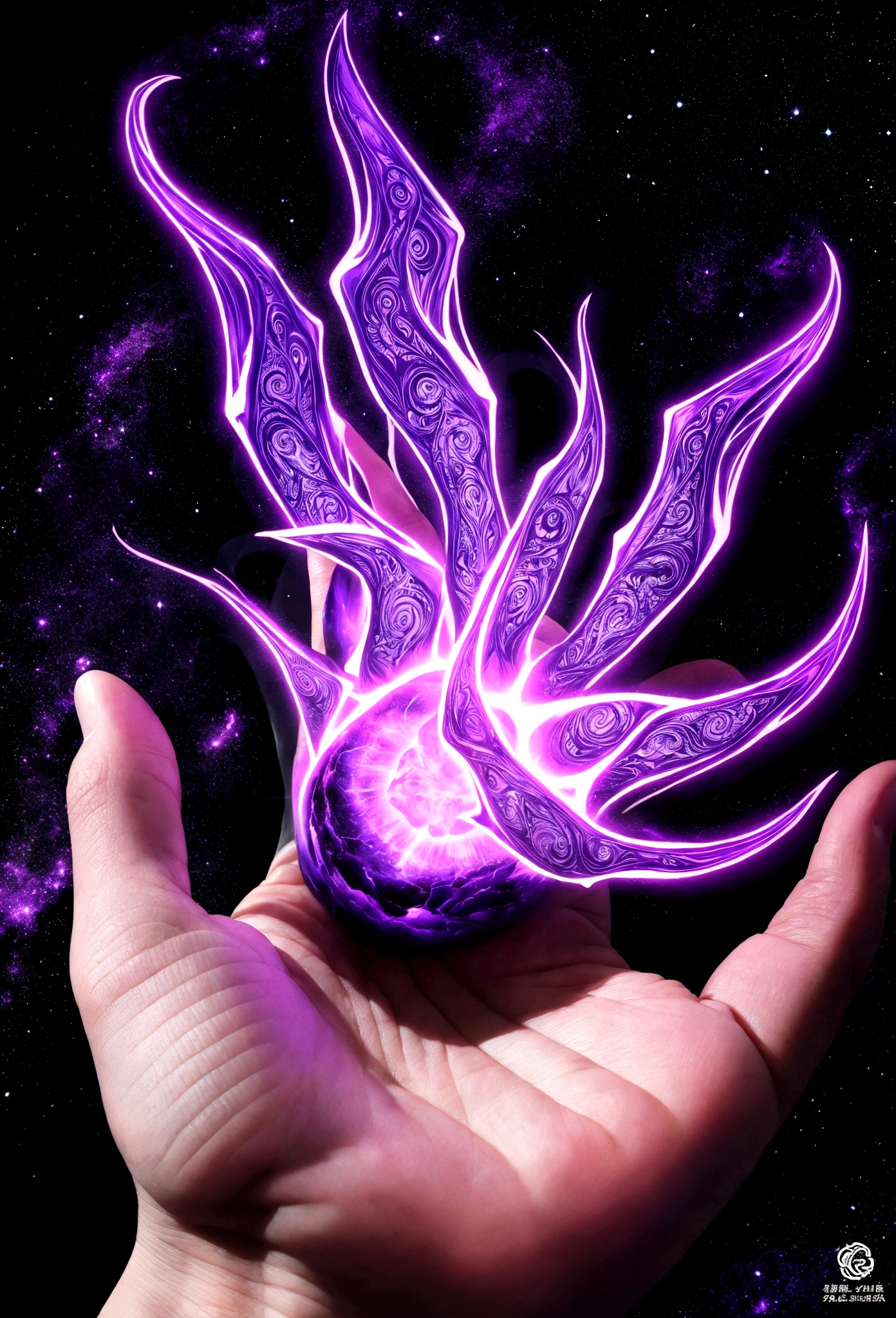 Draw a man's hand where purple energy gathers like fantasy magic