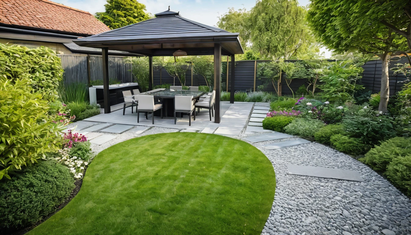 An aerial view of a beautifully designed modern European garden with a hint of Asian influence, featuring a sleek gazebo with a contemporary roof design, surrounded by lush green lawns and vibrant flowers. Shot with a high-quality DSLR camera, the smooth stone pathway winds through the garden, leading to a spacious BBQ area with a stylish grill and modern outdoor dining furniture. The pathway also leads to a sleek, modern gazebo with minimalist chairs and a table. The garden includes multiple grassy areas, small clear ponds, and Asian-inspired plants, adding tranquility to the setting. Soft, ambient lighting enhances the cozy atmosphere. Shallow depth of field, focused foreground, bokeh background. ((8k)), high quality detail, harmonious and inviting garden.