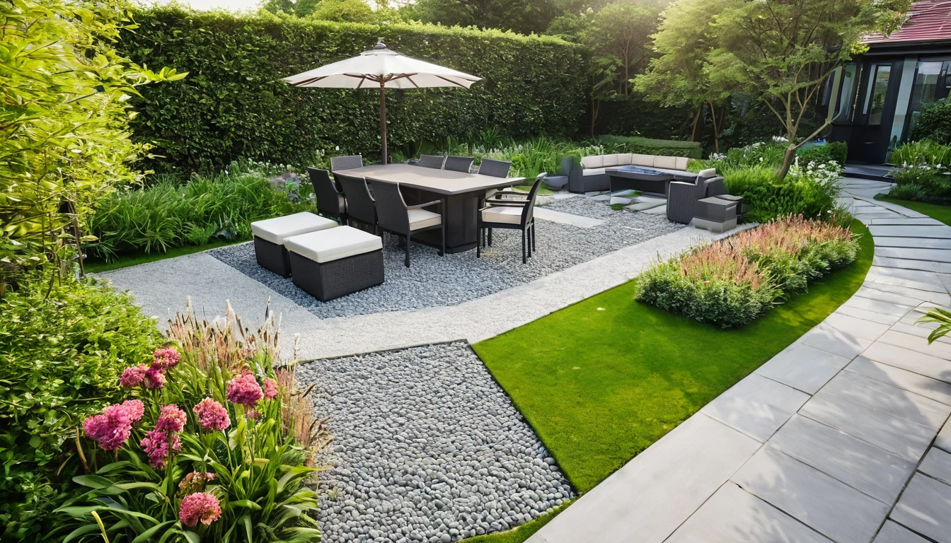 An aerial view of a beautifully designed modern European garden with a hint of Asian influence, featuring a sleek gazebo with a contemporary roof design, surrounded by lush green lawns and vibrant flowers. Shot with a high-quality DSLR camera, the smooth stone pathway winds through the garden, leading to a spacious BBQ area with a stylish grill and modern outdoor dining furniture. The pathway also leads to a sleek, modern gazebo with minimalist chairs and a table. The garden includes multiple grassy areas, small clear ponds, and Asian-inspired plants, adding tranquility to the setting. Soft, ambient lighting enhances the cozy atmosphere. Shallow depth of field, focused foreground, bokeh background. ((8k)), high quality detail, harmonious and inviting garden.
