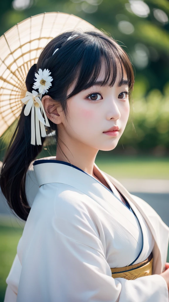 One girl, Beautiful Face, ((White eyes)), Kimono pose, Front facing,Crescent moon in the background, performer, space, (Lightroom:1.13), Soft Light, (Natural skin texture:1.2), (Hyperrealism:1.2), Sharp focus, Concentration,[[Realistic]]