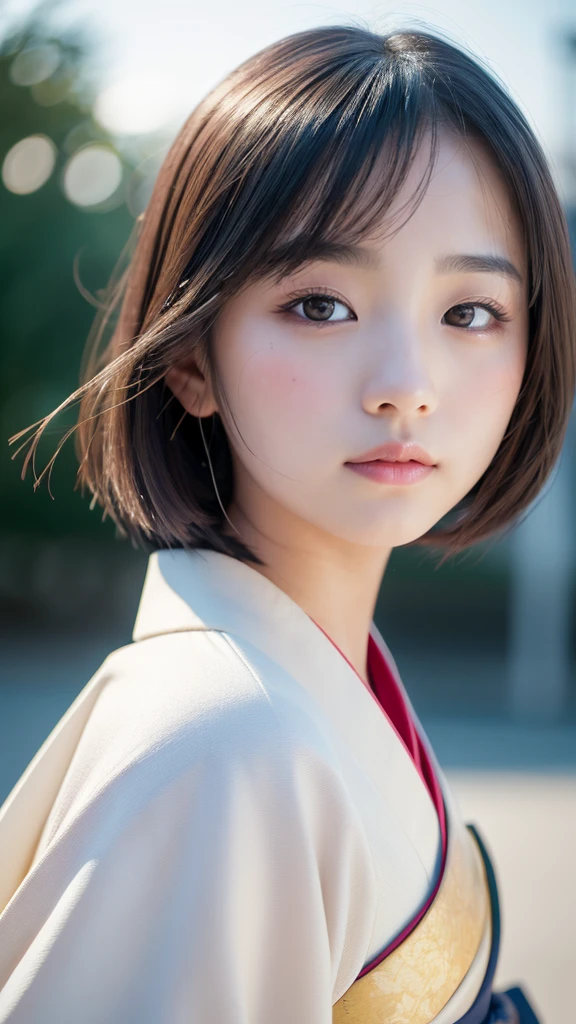One girl, Beautiful Face, ((White eyes)), Kimono pose, Front facing,Crescent moon in the background, performer, space, (Lightroom:1.13), Soft Light, (Natural skin texture:1.2), (Hyperrealism:1.2), Sharp focus, Concentration,[[Realistic]]
