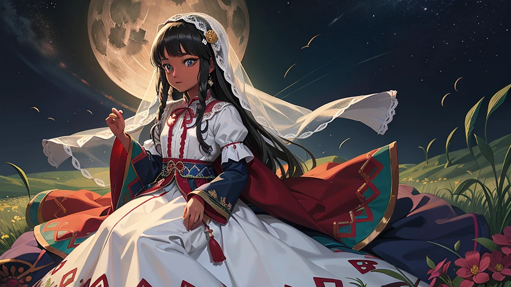 最high quality、high quality、、Brightly embroidered folk costumes from Central Asia and the Caspian Sea region、Bride Girl、Moonlight meadow、Long dress