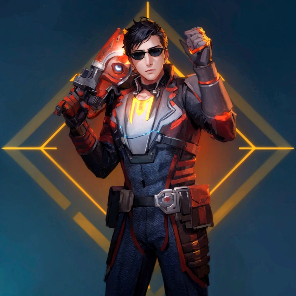 At the center of a vibrant piece of digital art, a male character stands confidently with his hands on his hips. He is adorned in an elegant gray and red suit equipped with a helmet and glasses and on his chest bears the letter M, suggesting that he might be prepared for an adventure or battle. His outfit is completed with a pair of sunglasses, adding to his cool demeanor. In his right hand he holds a gun, ready for action. The background contrasts strikingly with its blue and yellow geometric shapes, enhancing the overall futuristic theme of the image.