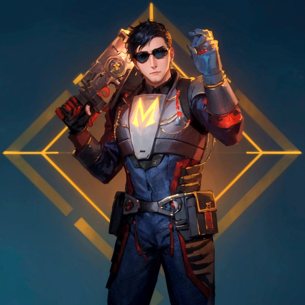 At the center of a vibrant piece of digital art, a male character stands confidently with his hands on his hips. He is adorned in an elegant gray and red suit equipped with a helmet and glasses and on his chest bears the letter M, suggesting that he might be prepared for an adventure or battle. His outfit is completed with a pair of sunglasses, adding to his cool demeanor. In his right hand he holds a gun, ready for action. The background contrasts strikingly with its blue and yellow geometric shapes, enhancing the overall futuristic theme of the image.