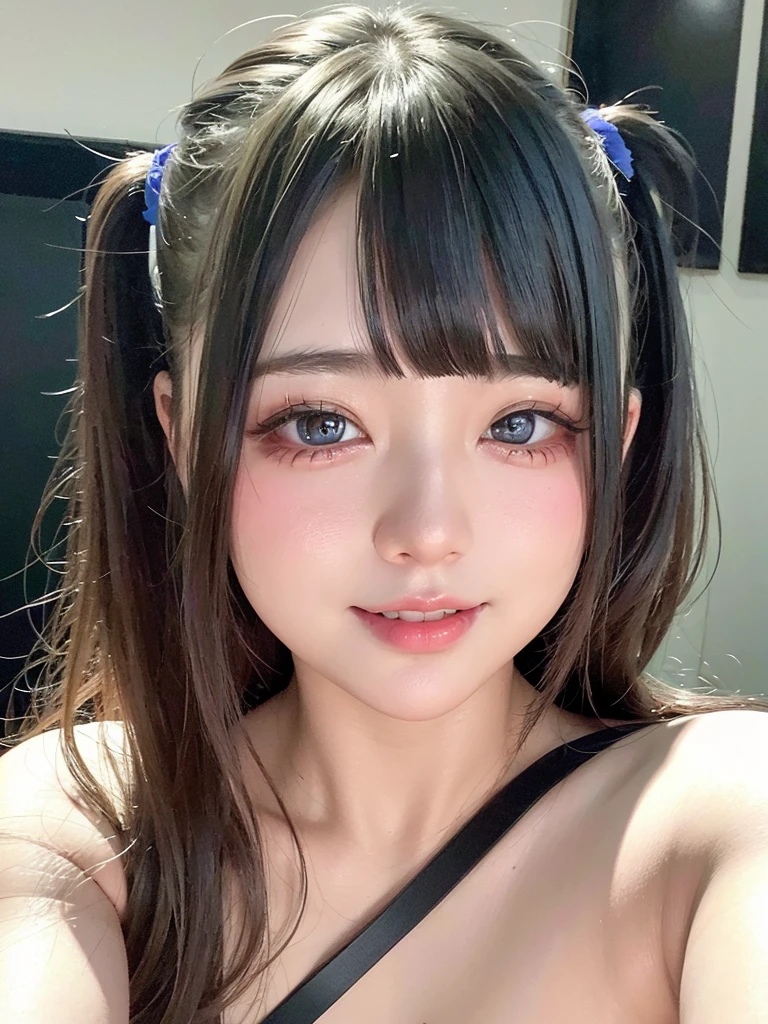 A young, chubby girl with droopy eyes and bad makeup is looking at me with a provocative smile.。Highest quality,8K,masterpiece,Ultra-high resolution,Photorealistic,Ultra-Realistic Capture,Beautiful and detailed eyes。Born in 2006。