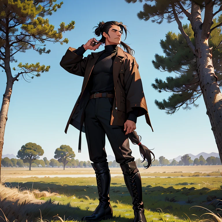 (detailed), (((normal guy))), (arab features), ((brown sheepskin jacket)), ((pelo con rulos negro ponytail hairstyle)), (calm face), ((ponytail hairstyle)), ((tall black boots)), (((whole body))), ((in the middle of a field leaning on a tree), ((male)), (black turtleneck sweater), ((only one person))