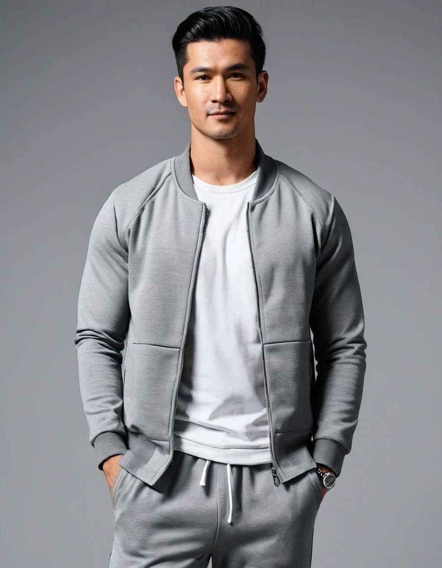 film grain,a man in a gray jacket and grey pants standing,studio background,black straight hair,scoop neckline t-shirt,gray jacket,white sweatpants