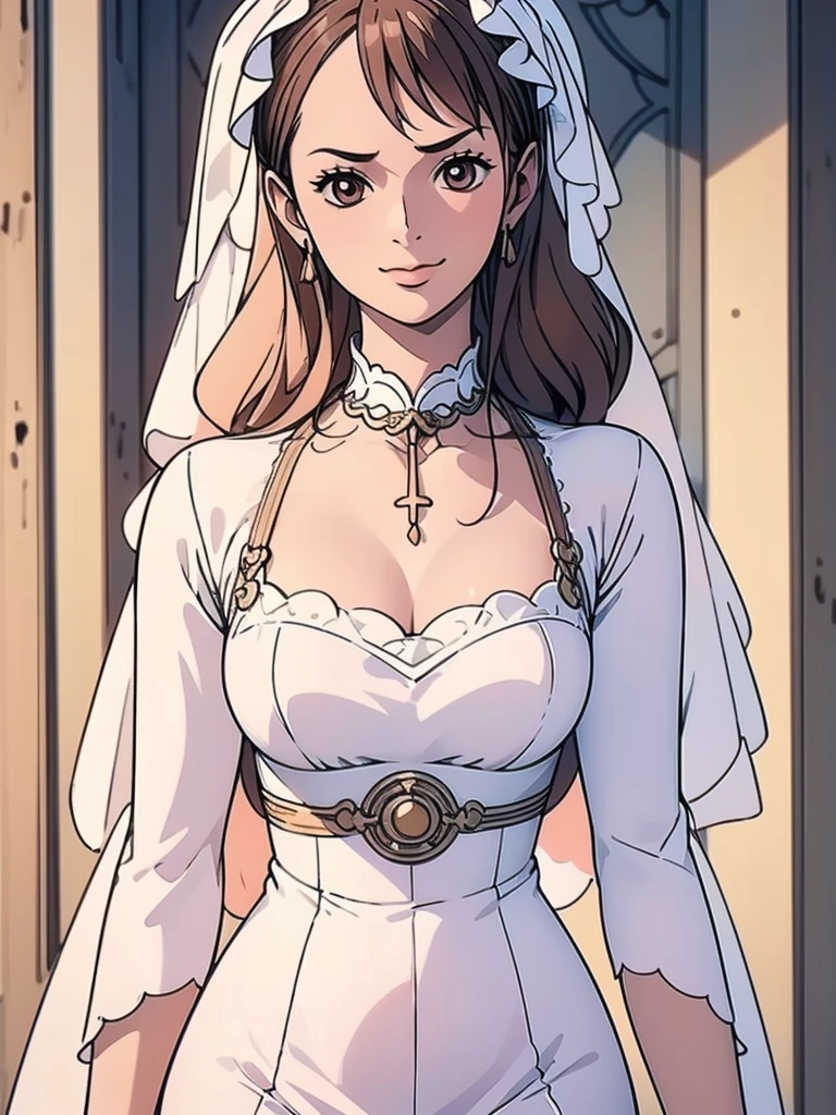 Best quality, 4k, high resolution, body stuck dress, perfect smile, gorgeous, light skin, (ichigo),ornage hair, wearing bodystuck long dress,(long sheeves), clothes are stuck in body, bodyfit outfit,1 girl, solo, seductive look, elegance and charm, (masterpiece, best quality, high resolution), looking at the viewer, standing, (intricate and beautiful:1.2), (detailed light:1.2), (soft light, side light), (high resolution textures) , holding leash in hand(chain leash), outdoor, Burmese girl,wearing bodcorn dress(white colour) with pink line ,wearing gorgeous jewelary, wearing harness over the outfit ,outdoor background, sun light, attractive, sexy, mature and hot, young,(masterpiece:1.3), (disorganized:1.3), (highest quality:1.3), perfect anatomy, detailed face, front view, perfect right hands, looking at viewer, (Super detailed:1.3), (best shadow:0.7), (treated hair), fine eyes, beautiful eyes, young aged woman, alone, standing, crystal earrings,closed_mouth, , outdoors,Thick thighs, arrogant face, small