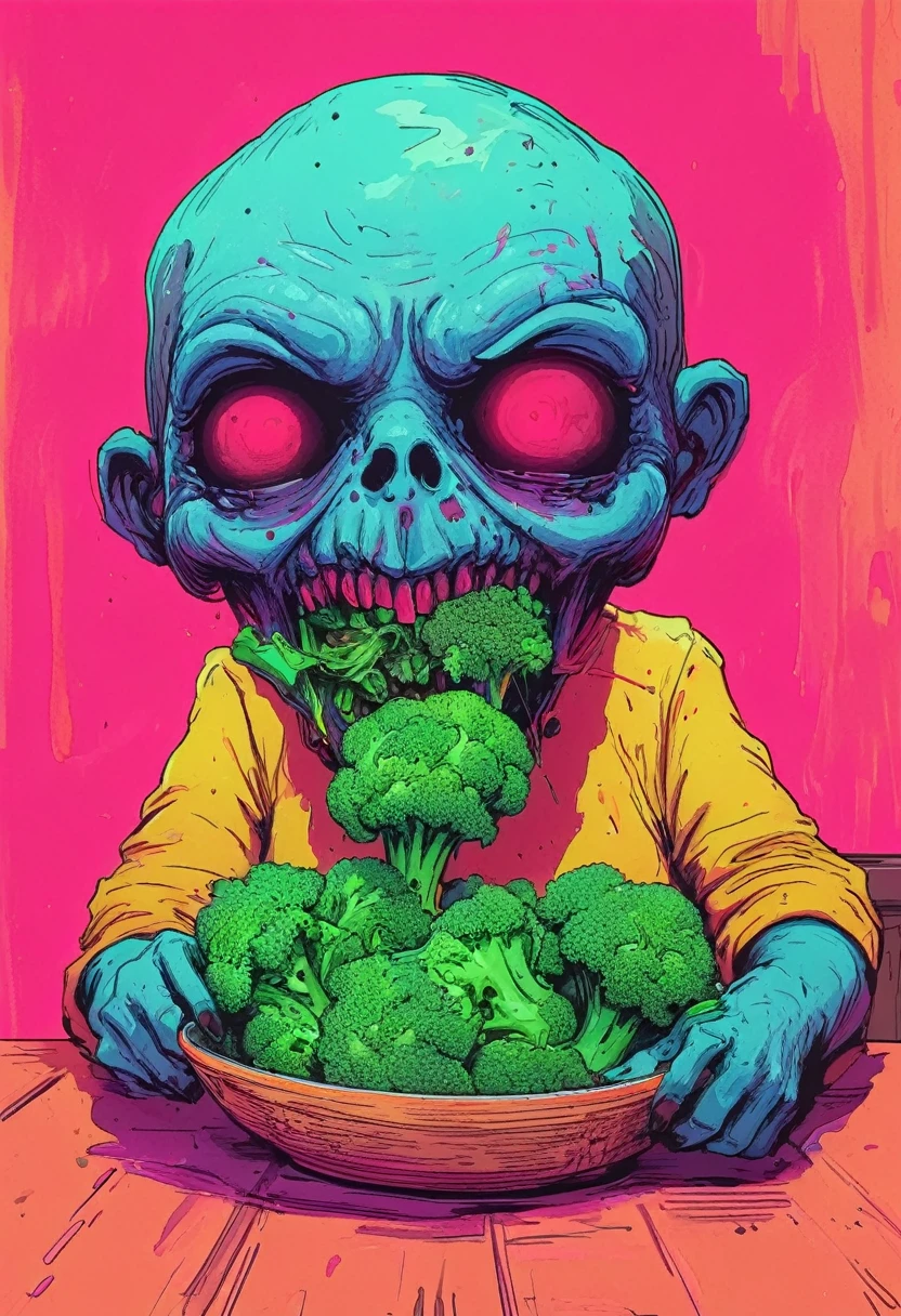 animated tv show, ghoul Skeffington, eating broccoli, insatiable, minimal, hand drawn ink figure, VHS, glitch, distorted, nostalgia, 90's retro vibes, analog tape, vcr aesthetics, tv, television, hand drawn, (full roygbiv color) ink charcoal expressive illustration, no light source, darkness, light mask uv rays across face,