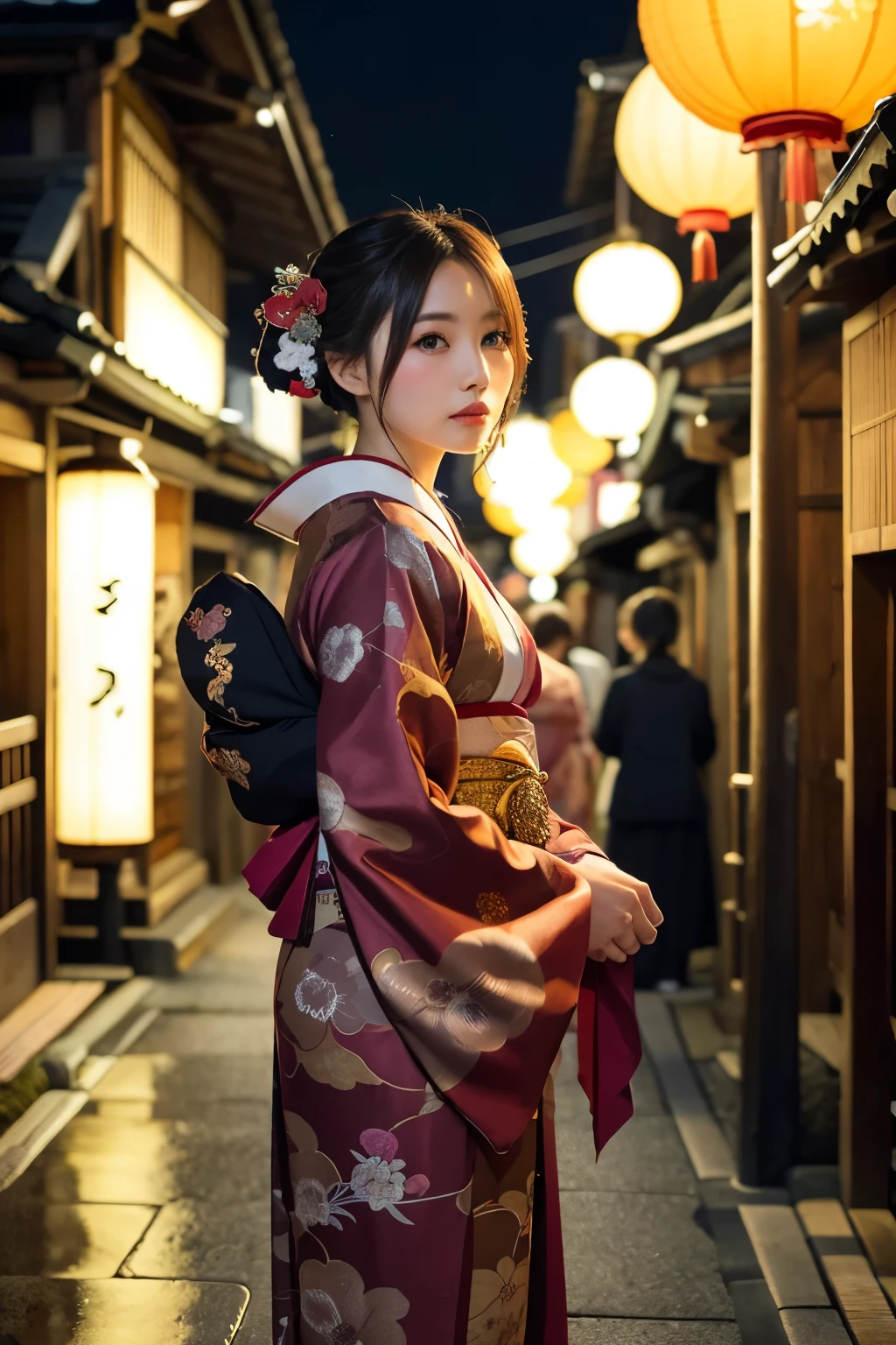 Oiran、 gorgeous、 Kyoto、 Flashy kimono、 Collapsed、 Fancy hair accessories、 geisha、 Maiko、 A stunning Oiran (traditional high-ranking courtesan) standing gracefully in the streets of old Kyoto, Japan. She is adorned in an exquisite, vibrant kimono with intricate patterns, and her hair is styled elaborately with ornate hairpins and accessories. The backdrop features traditional wooden machiya houses, paper lanterns, and cobblestone streets. The scene is set during twilight, with soft, warm lighting illuminating the surroundings. There is a sense of elegance and historical charm in the air, capturing the essence of ancient Kyoto.