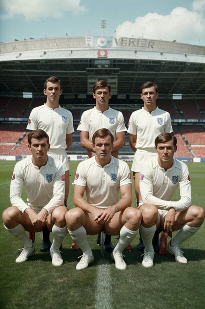 a highly detailed portrait of the 1966 england national football team posing at wembley stadium in 1966,best quality,ultra-detailed,finest illustration,masterpiece,england national football team,1966 wembley stadium,1966 england national team,football players,portrait,realistic,photorealistic,detailed faces,detailed uniforms,detailed background,dynamic poses,dramatic lighting,cinematic composition,vibrant colors,rich textures