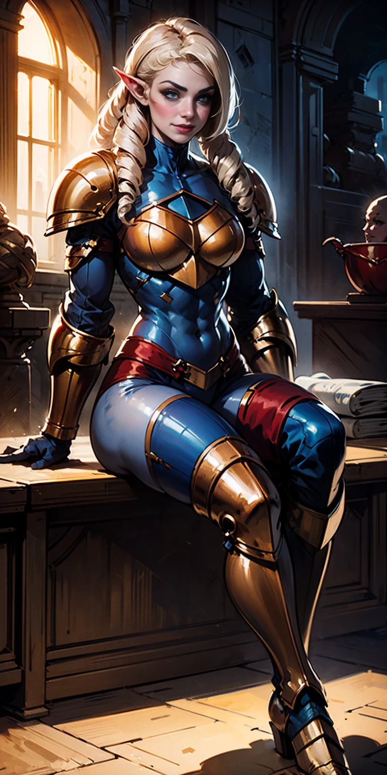 full body sitting on a bench showing ass to me, BLUE breastplate, BLUE skin (1girl)(BLUE skin:1.2), looking at viewer, shiny, armor, thigh highs, high boots, pauldrons shoulder armor, faulds, poleyn, gloves, gauntlets, rerebrace armored boots, (masterpiece, best quality, ultra-detailed, best shadow) yordle pointy ears muscular lean platinum blonde long twin-tails hairstyle at the office lustful smirking smile face red blushed, blush, strong abs, female body builder, tiara, twin drills hair