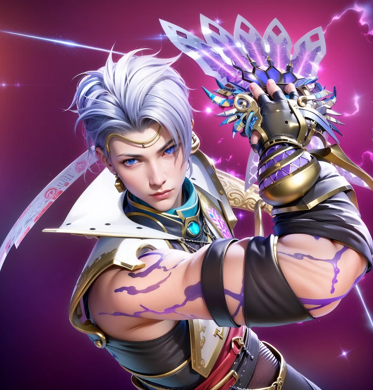 masculine male, masterpiece, ((perfect eyes)) best quality, (semirealism:1.9), beautiful lighting, (extremely detailed CG unity 4k fhd wallpaper), High Detail, Sharp focus, dramatic outdoors, 1 boy ,19 years old, white hair, light purpel eyes, smile.