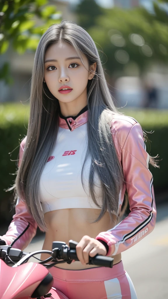 1 sister,Wearing a tight pink and white racing suit,Big goals腿向你走来,Hold the handlebars of your motorcycle,(Riding a motorcycle:1.2),navel,Just looking at the audience,midnight street,light,National Foundation,((best quality,8k,masterpiece:1.3))),Stay focused:1.2,(Layered pruning,Big goals:1.2),Beautiful woman,Have a perfect body:1.4,Lean abdominal muscles:1.2,wet:1.5,Highly detailed face and skin textures,Exquisite eyes,Double eyelids,Long gray hair