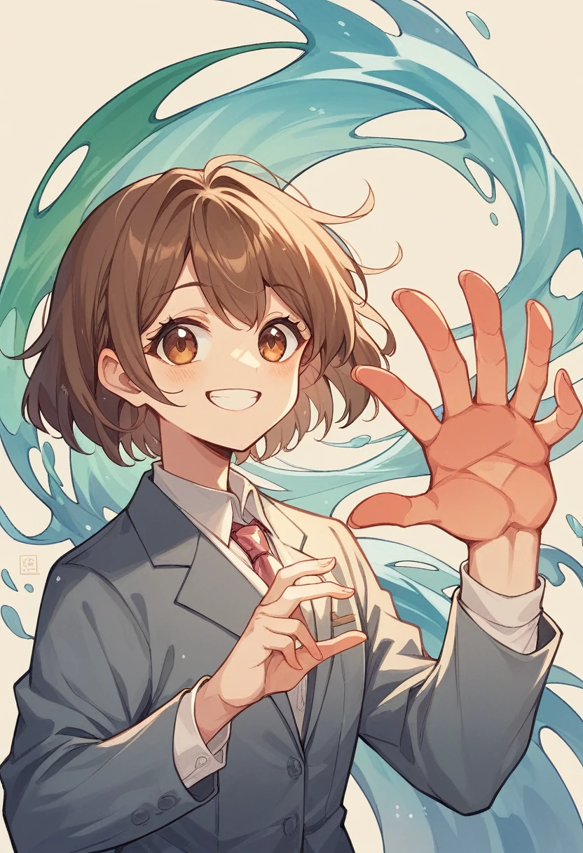 （Cute older sister:1.3）、smile,Spring atmosphere、In a suit、wave hands、noon、Brown Hair