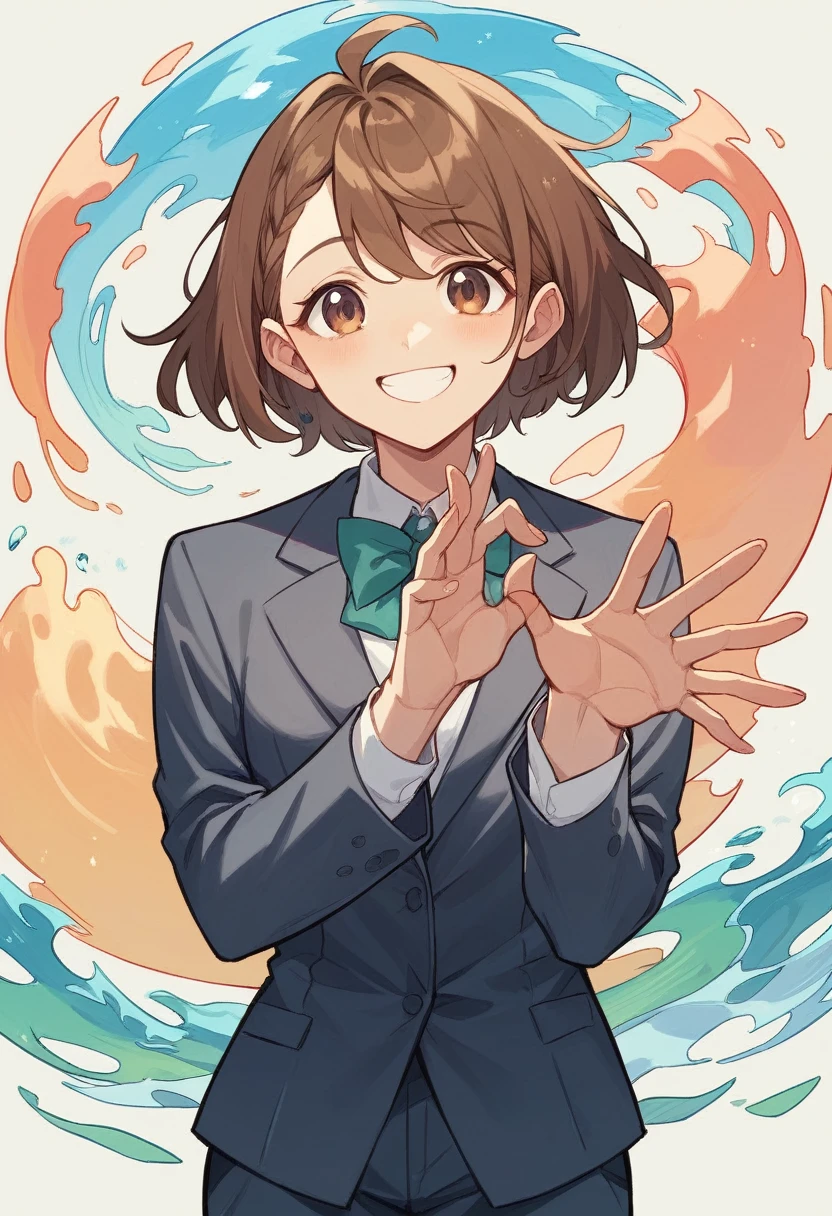 （Cute older sister:1.3）、smile,Spring atmosphere、In a suit、wave hands、noon、Brown Hair
