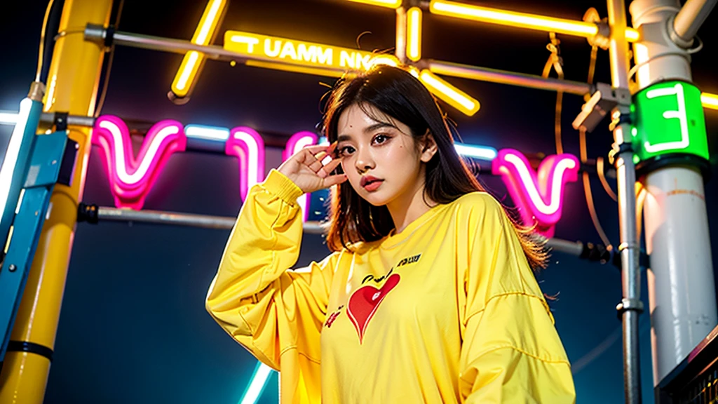 1 wanita, baju sekolah, baju warna kuning, didalam ruangan, cahaya lampu neon, cahaya kuning, tulisan "I love You", kulit sangat putih.