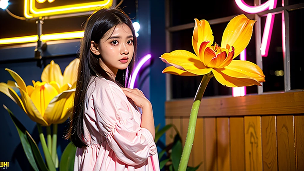 1 wanita, baju sekolah, baju warna kuning, didalam ruangan, cahaya lampu neon, cahaya kuning, tulisan "I love You", kulit sangat putih.