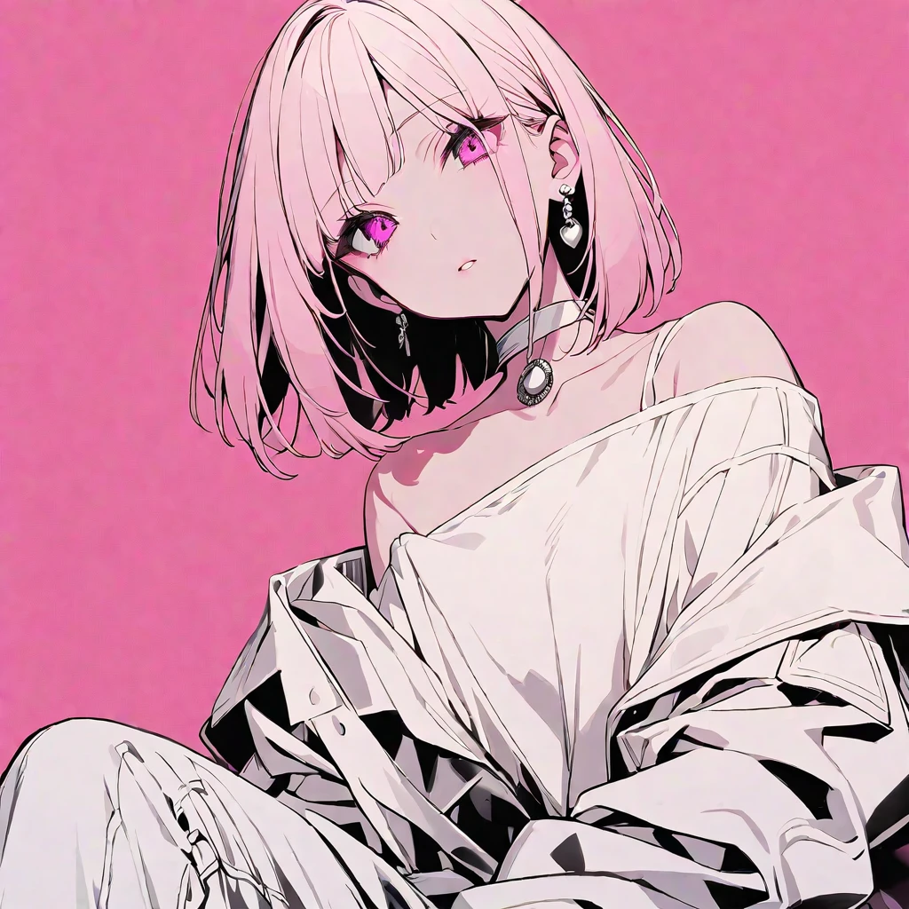 solo, handsome, monotone,
1. Female,
Hime cut,Straight Hair,Bob Hair, 
pink hair, 
Nakano Yotsuba,
pink Eyes,Soft look,beautiful,beautiful,Sexy,Darkness,Lots of silver earrings,choker,
White Off Shoulder,White Distressed jeans,パーカー ,skin,
pink  background,
