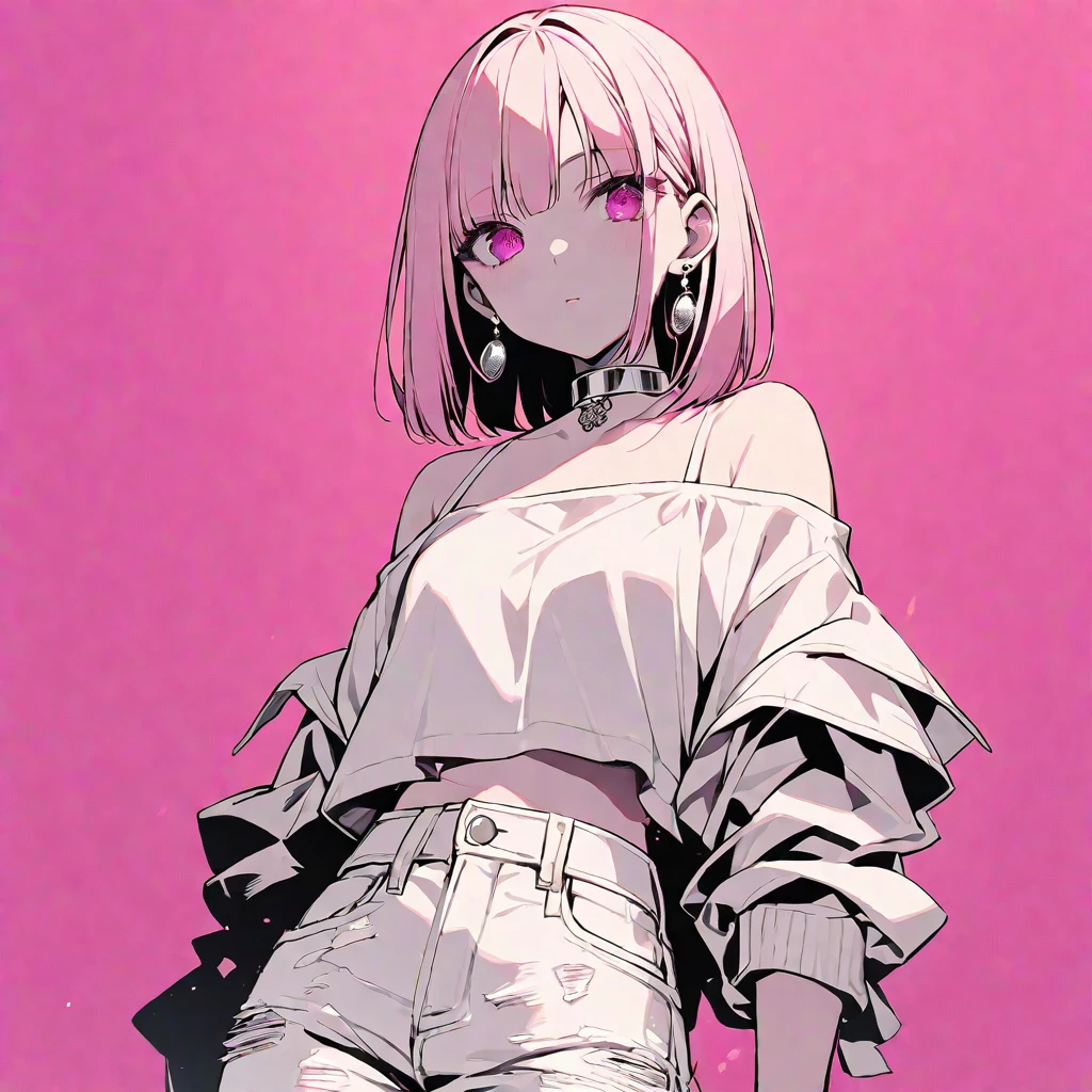 solo, handsome, monotone,
1. Female,
Hime cut,Straight Hair,Bob Hair, 
pink hair, 
Nakano Yotsuba,
pink Eyes,Soft look,beautiful,beautiful,Sexy,Darkness,Lots of silver earrings,choker,
White Off Shoulder,White Distressed jeans,パーカー ,skin,
pink  background,