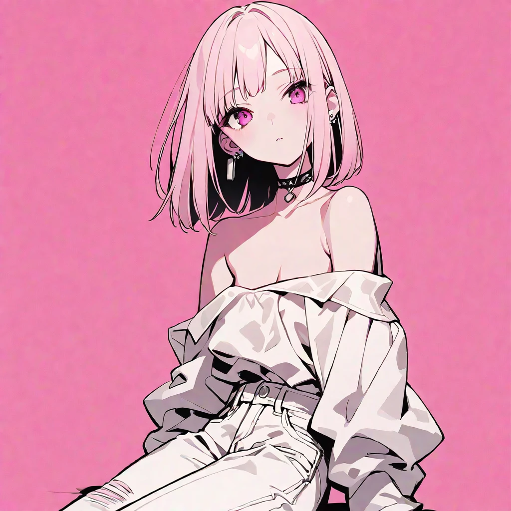 solo, handsome, monotone,
1. Female,
Hime cut,Straight Hair,Bob Hair,
pink hair,
Nakano Yotsuba,
pink Eyes,Soft look,beautiful,beautiful,Sexy,Darkness,Lots of silver earrings,choker,
White Off Shoulder,White Distressed jeans,パーカー ,skin,
pink background,