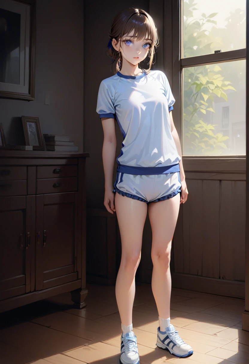 masterpiece, high quality, Small breasts, One Girl, Are standing, stop temporarily, stop temporarily,  Gym suit, shorts, Bloomers,  whole body, shirt,blue eyes, Realistic