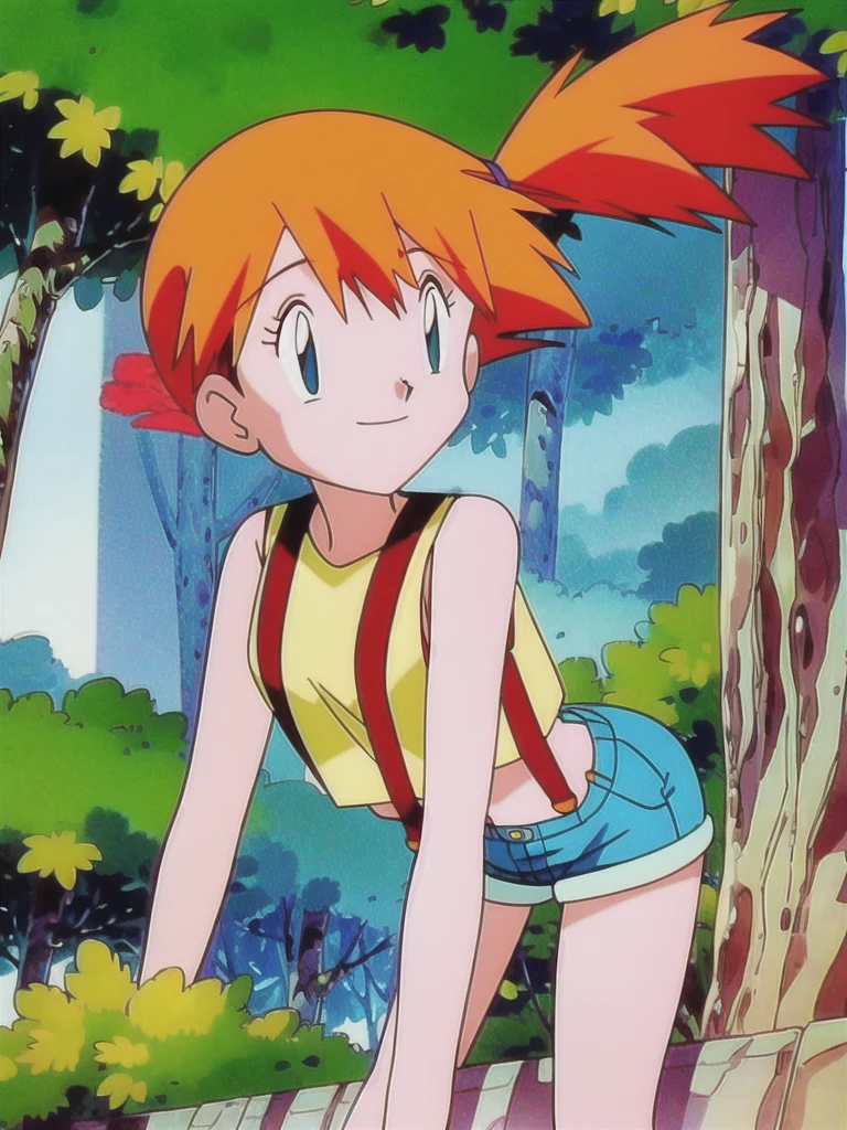 misty (pokemon), 1girl, solo, yellow shirt, sleeveless shirt, suspenders, denim shorts, outdoors,smile,looking at viewer