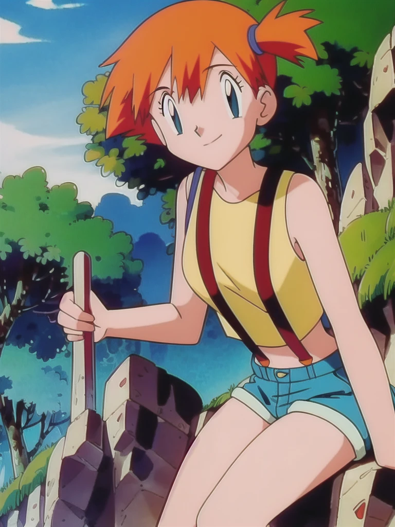 misty (pokemon), 1girl, solo, yellow shirt, sleeveless shirt, suspenders, denim shorts, outdoors,smile,looking at viewer