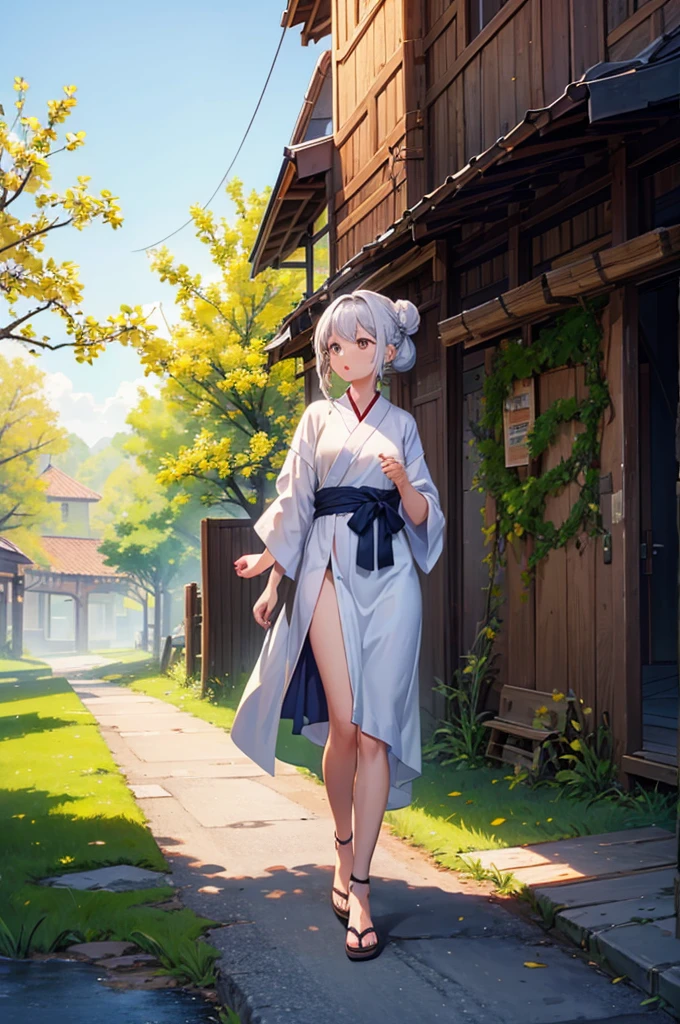 An image of the village, known for its beautiful orchards and harmonious community, with Hana’s wisdom guiding the way, and Hana with silver hair tied in a bun and wearing a simple but elegant robe. (masterpiece, hd, best quality, 2d)
