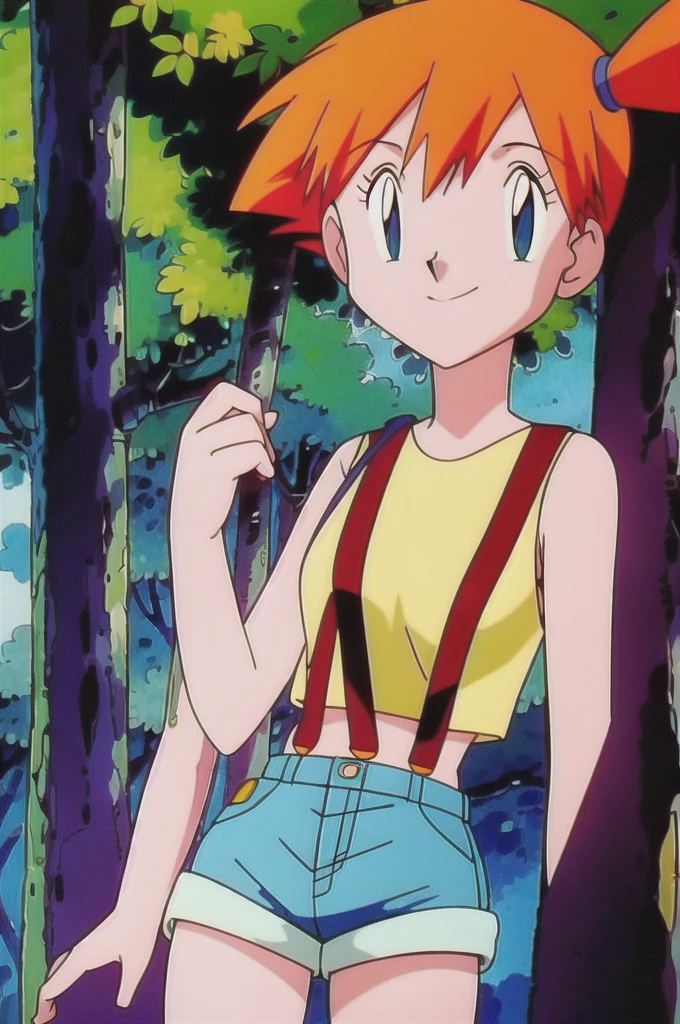 misty (pokemon), 1girl, solo, yellow shirt, sleeveless shirt, suspenders, denim shorts, outdoors,smile,looking at viewer