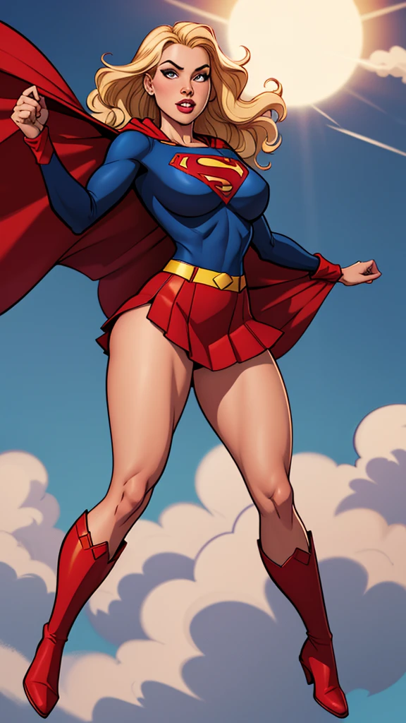 Young female, with blonde hair, wearing a tight blue long-sleeved shirt with the Superman symbol on the chest, defined breasts, wearing a red skirt and red boots, Wearing a red cape and flying in the sky