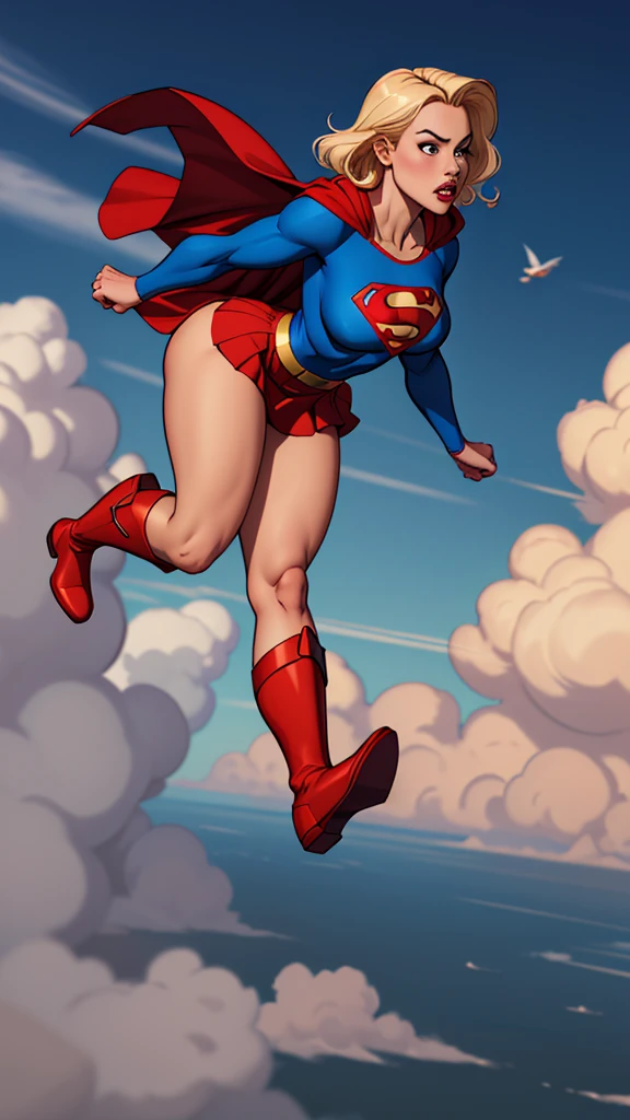 Young female, with blonde hair, wearing a tight blue long-sleeved shirt with the Superman symbol on the chest, defined breasts, wearing a red skirt and red boots, Wearing a red cape and flying in the sky